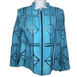 Dakota West The Two Tone Short Jacket Size M Turquoise Suede Leather Black Mesh